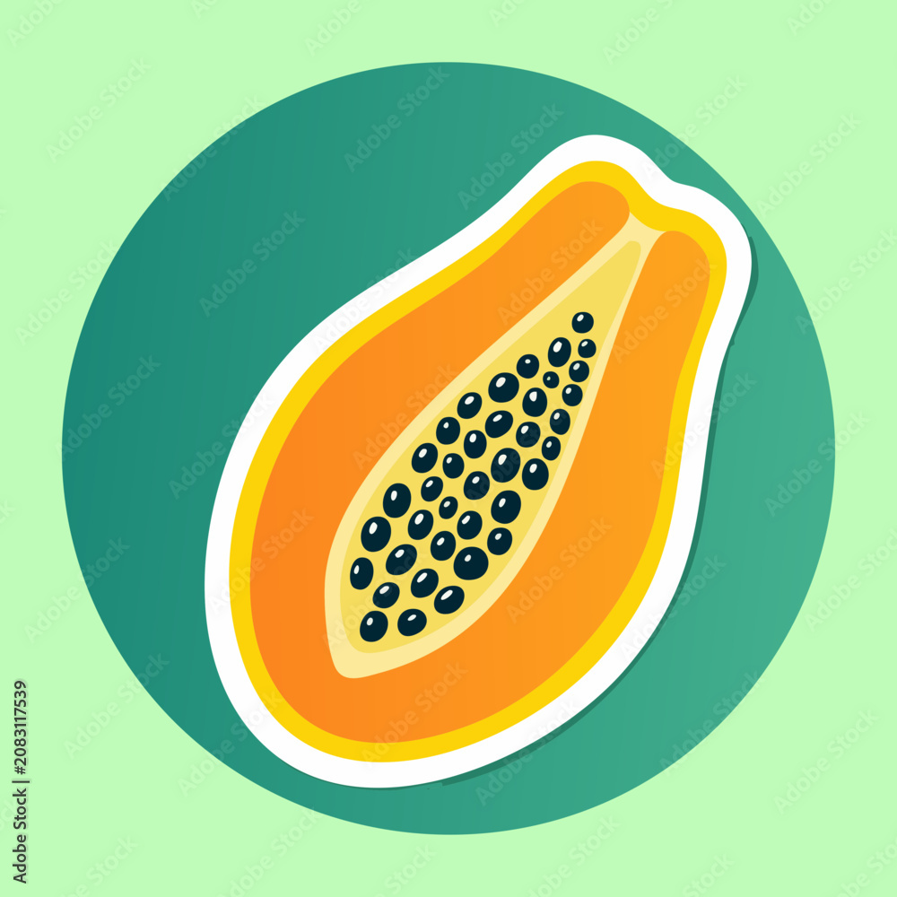 Fototapeta premium Unique and modern visual vector artwork featuring fresh ripe papaya half with seeds on green circular badge emblem great - Vector Illustration