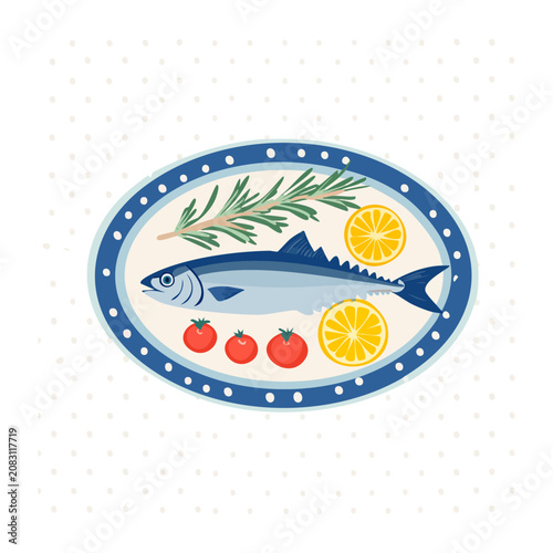 Eye catching modern visual graphic artwork displaying plated sardine fish dish with herbs on white patterned plate great - Vector Illustration
