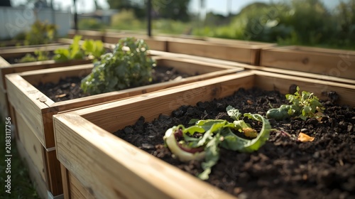 Row of Wooden Raised Garden Beds with Soil and Organic Food Waste Composting Outdoors