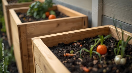 Close up of Organic Waste and Vegetable Scraps in Wooden Raised Garden Beds for Composting