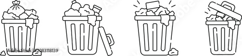 Overflowing Trash Bin Icons Set Vector Illustration, Full Garbage Can, Waste Management and Recycling Line Art Collection