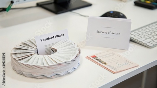 Innovative Business Concepts Displayed on an Office Desk Featuring Revalued Waste and Economy of Return Signage