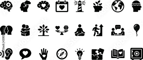 Mental wellness icon set psychology therapy mindfulness and self care concepts