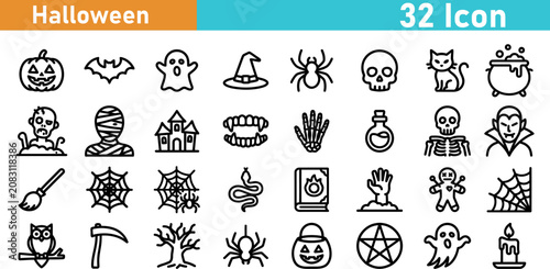 Halloween icons set including spooky symbols and characters