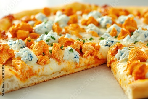 A close-up of a cut pizza with orange chicken, white sauce, and blue cheese crumbles on a white surface