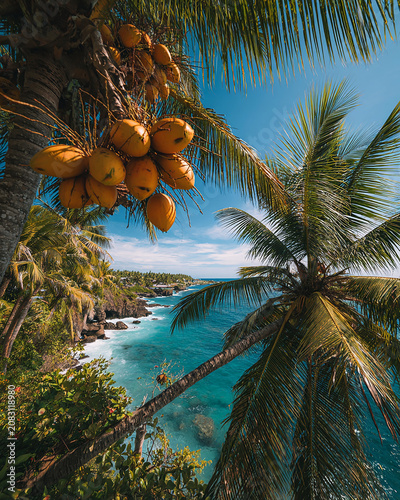 coconut trees on a beautiful beach with attractive view generated by AI 

