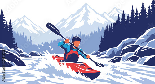 Schilderij op canvas Flat style vector illustration of a man kayaking through exciting whitewater rapids surrounded by mountains and forests
