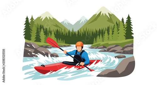Foto Flat style vector illustration of a man kayaking through exciting whitewater rapids surrounded by mountains and forests