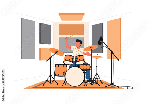 Flat style vector illustration of a man practicing drums inside a modern recording studio with musical equipment. Perfect for music education, creativity and entertainment themes