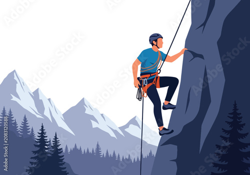 Fotografía Flat style vector illustration of a man climbing a steep mountain cliff using safety equipment