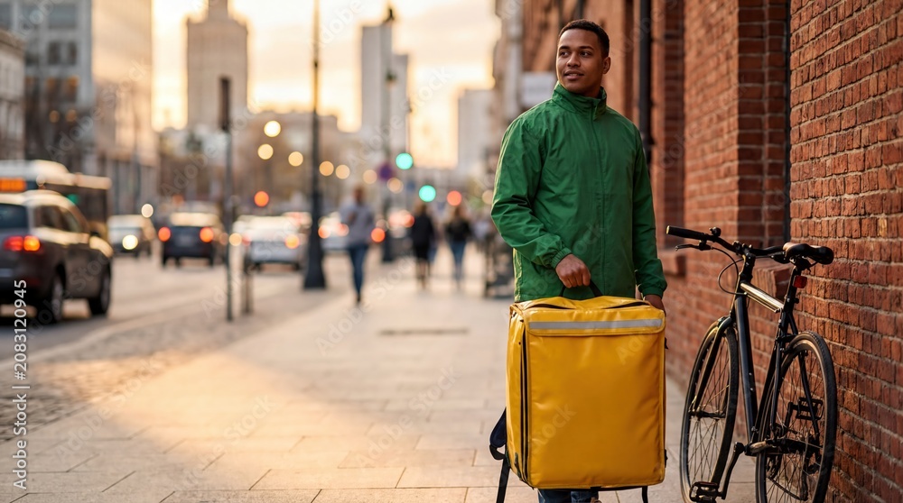 Obraz premium urban courier lifestyle, a smiling food delivery courier in a green jacket stands beside a bicycle