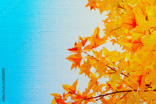 イラスト風に加工した紅葉したカエデの写真と、絵画用キャンバス