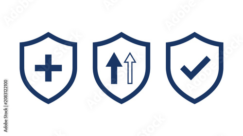 Shield protection plus arrow checkmark security insurance icon set vector illustration design