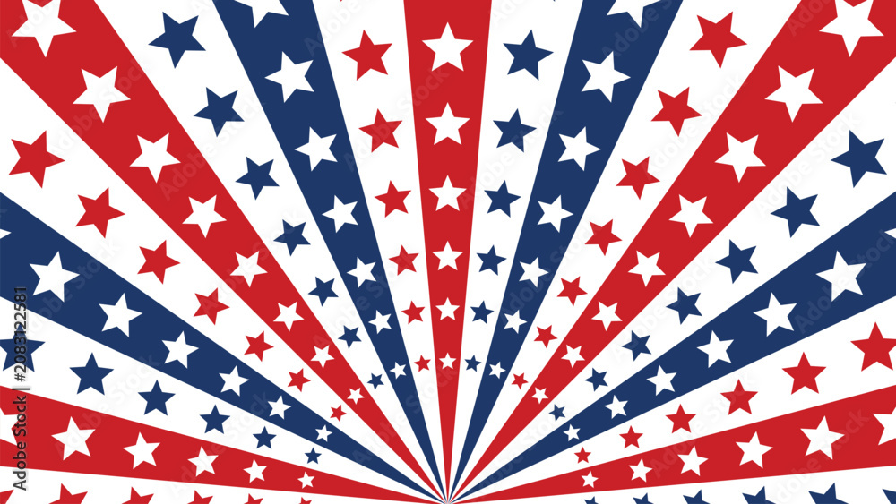 Obraz premium USA Patriotic Sunburst Background with Red White and Blue Stars and Rays, American Celebration Illustration for Independence Day, Fourth of July, Memorial Day and Veterans Day