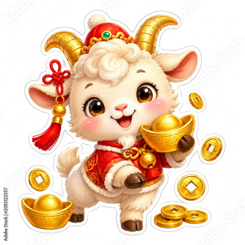 Cute Goat Celebrating Lunar New Year Wearing Traditional Red Costume and Holding Golden Ingots Surrounded by Falling Ancient Chinese Wealth Coins