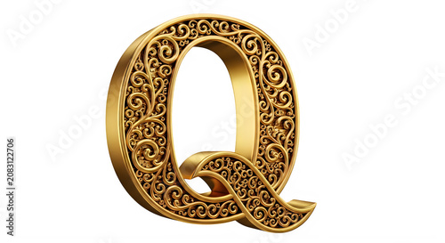 Golden ornate letter Q with intricate swirling patterns and filigree details transparent background
