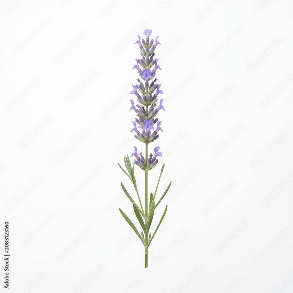 Obraz premium Lavender flower with purple blossoms and green leaves on white background 