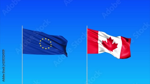 European Union and Canada Flags Animation Loop, Waving National Flags Background