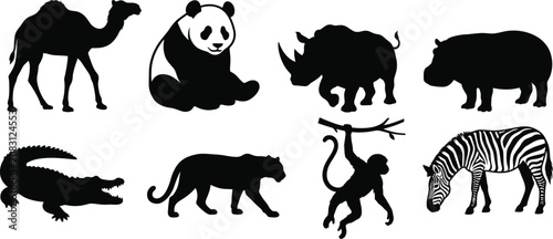Photography Wild Animal Silhouette Collection Set with Safari and Exotic Wildlife Vector Ill