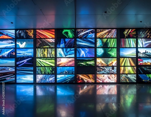 Dynamic Display - A Wall of Screens Showcasing Abstract and Modern Visuals.