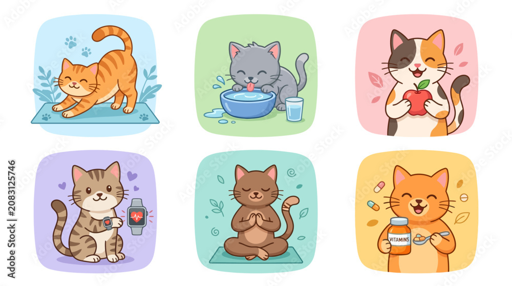 Fototapeta premium The colorful Cute cartoon cats in various poses.
