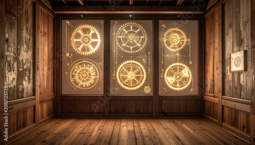 Steampunk Clockwork Mechanism Display in a Wood-Paneled Room.