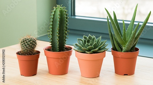 Four different succulent plants including round cactus tall column cactus rosette echeveria and aloe vera planted in orange pots on light wooden table by home window