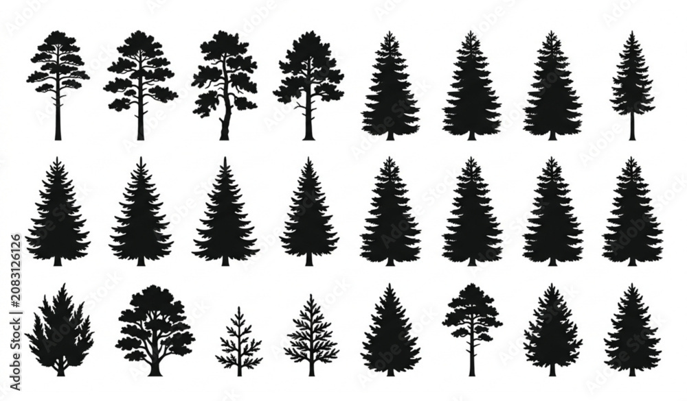 Fototapeta premium Pine tree silhouette vector set isolated on white background