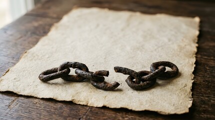 Broken Chain of Freedom: An antique, rusted chain lies broken on a piece of weathered parchment, symbolizing the end of captivity and the dawn of liberty.