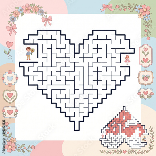 Heart-shaped maze illustration with characters and floral borders  