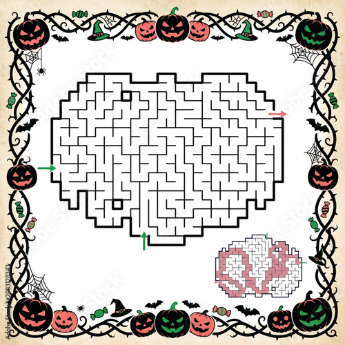 Halloween-themed maze illustration with pumpkin and spooky border  