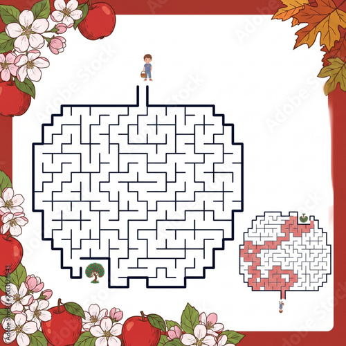 Apple maze illustration for Apple Day with autumn leaves and flowers  