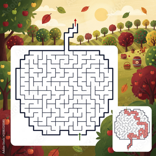 Apple-shaped maze illustration in autumn landscape with trees  