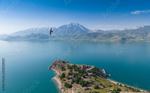 Scenic Aerial View of Akdamar Island and Historic Church on Lake Van, Turkey