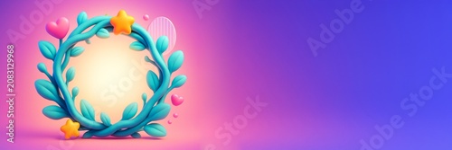 Colorful plant wreath with heart and star decorations on glowing background w...