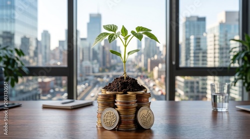 Money Savings and Financial Planning Represented by Plant on Coins