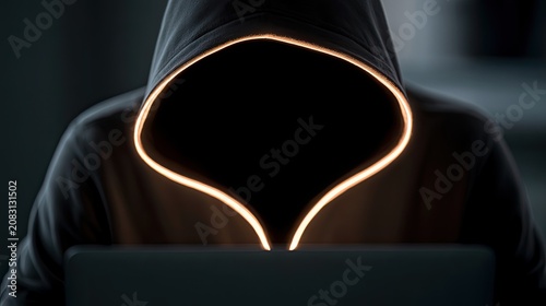 Hooded figure with glowing outline over laptop in darkness
