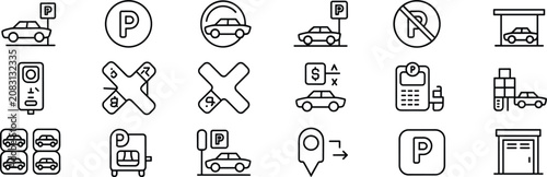 Fotografie Set of parking related featuring cars, parking signs, garages, and location mark
