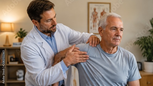 A doctor in a white coat palpates the back and shoulder muscles of an older man to assess tension and identify the source of joint pain in a clinic