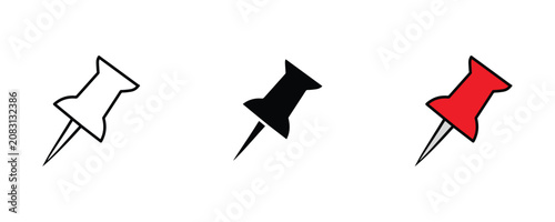 Push pin icon set. Office stationery, map marker, paper fastener, or notice board pin symbol. Vector illustration.