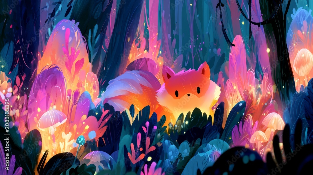 Fototapeta premium Charming Cartoon Fox in a Vibrant, Magical Forest Surrounded by Glowing Flora and Enchanting Lighting Effects