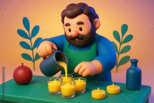 Cartoon-style man making yellow candles with wax on soft gradient background, surrounded by decorative elements and warm lighting. Ai generative