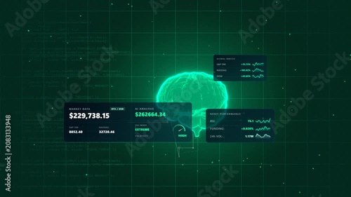 High-speed sequence tracking a bull market trading terminal featuring a glowing green financial data interface inside a rapid flow of algorithmic capital metrics displaying English metrics.