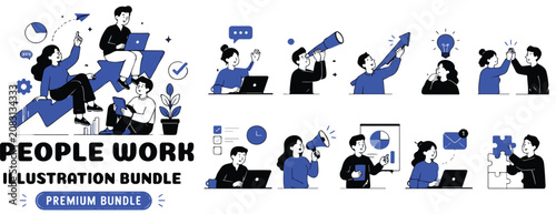 Foto Modern business people work illustration bundle, corporate office characters set