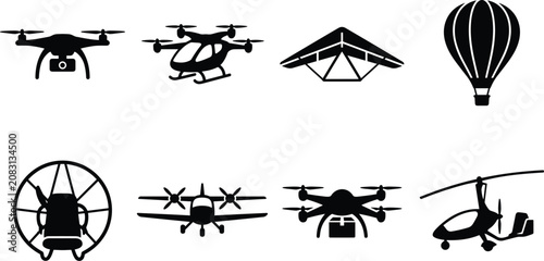Drones Aviation And Light Aircraft Black Silhouette Icon Set Featuring Quadcopter Hot Air Balloon And Airplane