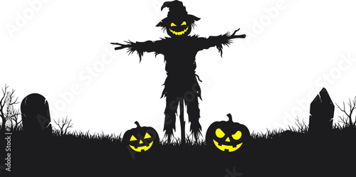 Foto Spooky halloween scarecrow with glowing pumpkins in graveyard