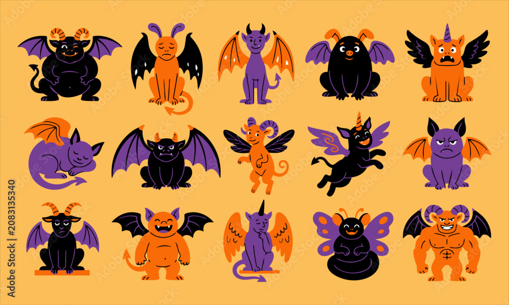 Obraz premium Set of cute cartoon monsters and demons, collection of colorful mythical creatures for halloween, vector illustration