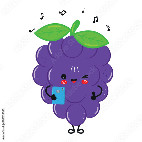 Cute Dark Blue Grape Music Listening Character Illustration