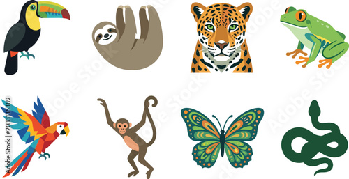 Canvas Print Tropical Rainforest Animals Vector Icon Set Featuring Toucan Sloth Jaguar Parrot