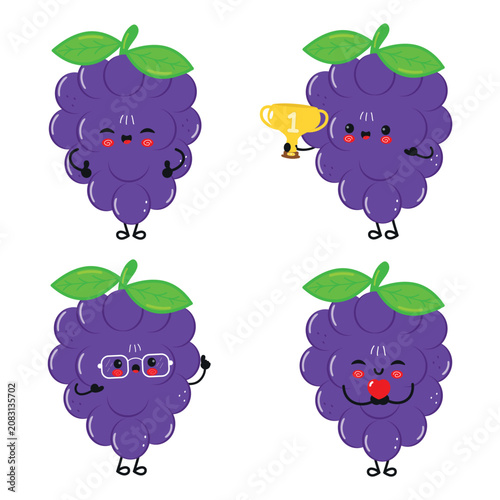 Cute Dark Blue Grape Character Emotions Collection Illustration